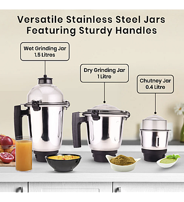 Regalia Mixer Grinder 750W, 230V~50Hz, 3 Stainless Steel Jars, Black, 5 Years Warranty